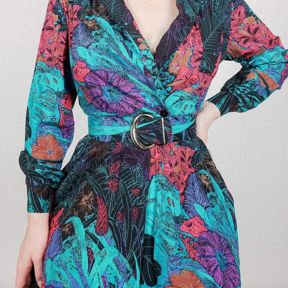 Vintage collared jewel tone pleated midi dress - Picture 5 of 8